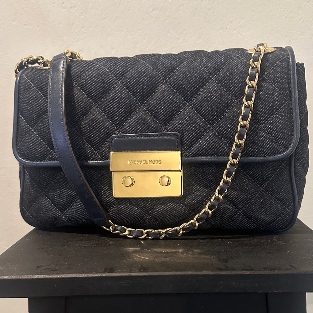 Michael Kors Quilted Denim Shoulder Bag with Gold Accents.